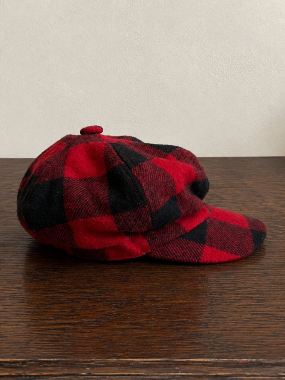 1980s Vintage Red Black Buffalo Plaid Newsboy Baker Boy Cap Wool Blend Hat